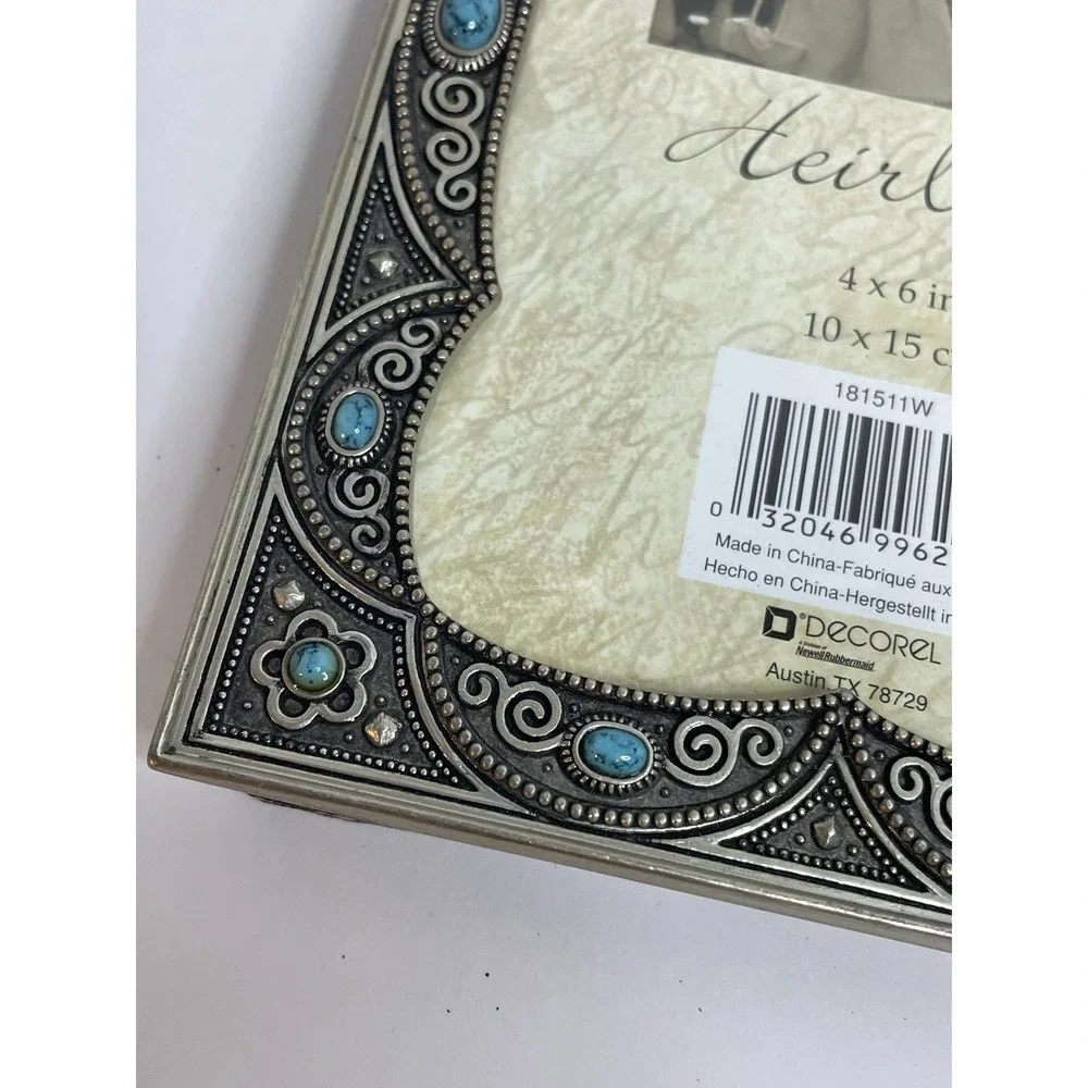 Picture Frame Heirloom by Decorel 4x6 Frame Silvertone w/Turquoise Like Beads